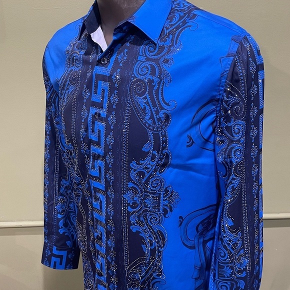 Deniko Blue Casual Button Down Shirt with Baroque Patterns rhinestone - Picture 3 of 4